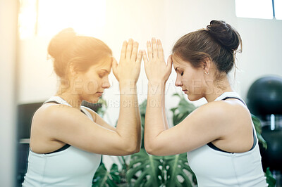 Buy stock photo Yoga, praying and woman in a gym for fitness, meditation and training the mind for peace. Health, mirror and reflection with a prayer, spiritual exercise and commitment to a workout in the morning