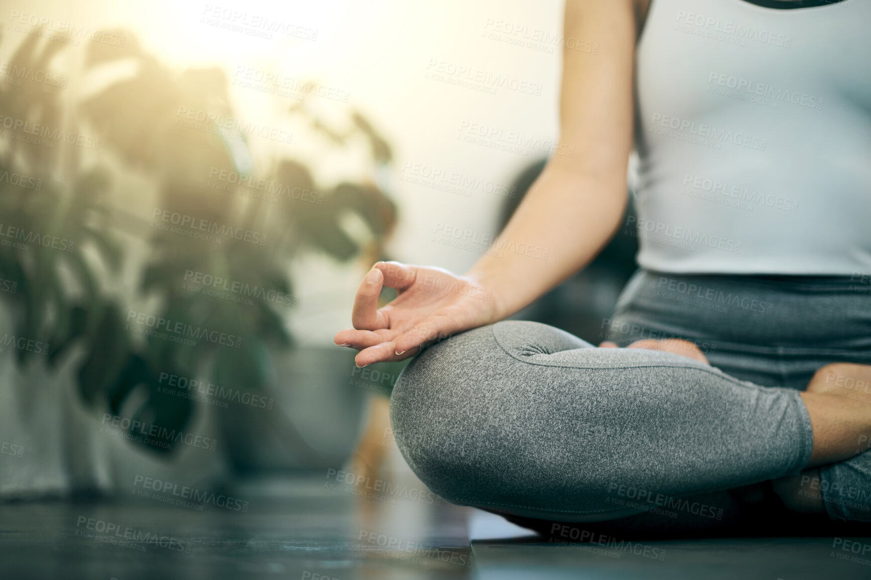 Buy stock photo Yoga, lotus hands and woman in zen fitness, meditation training and mindfulness, spiritual healing or stress relief. Meditate, holistic workout and calm, relax person for balance and wellness sign
