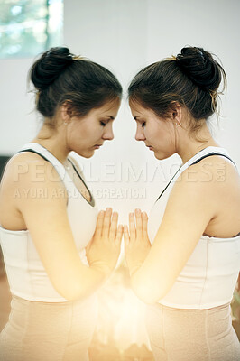 Buy stock photo Reflection, yoga and woman with peace, meditation and calm for wellness, healthy lifestyle and workout. Female, exercise and lady with mirror, namaste and pilates training with practice and flare