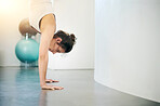 Woman, yoga and handstand balance on floor, mockup and fitness of sports workout, body training or challenge. Female, pilates and upside down exercise for agility, strong core and power of gymnastics