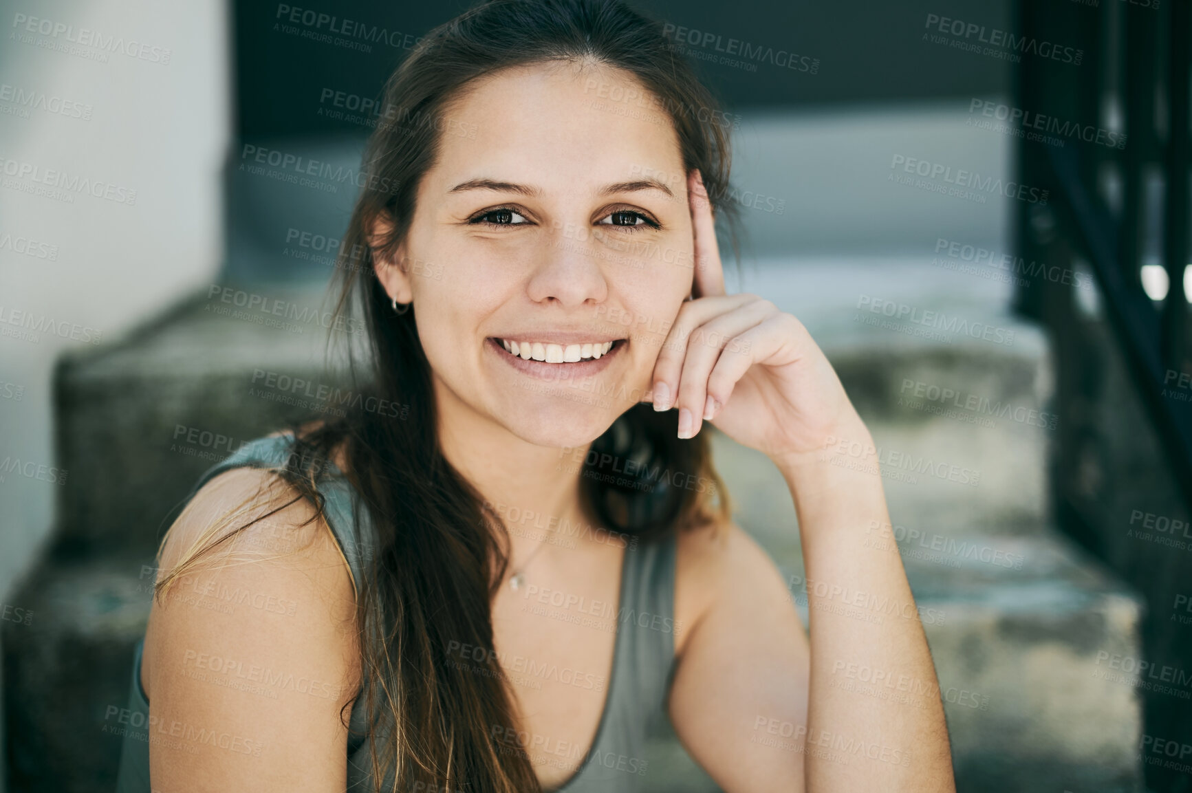 Buy stock photo Woman, portrait and smile for urban exercise, sports training and healthy glow of workout. Happy female athlete, face and fitness outdoors with motivation, confidence and happiness of strong wellness