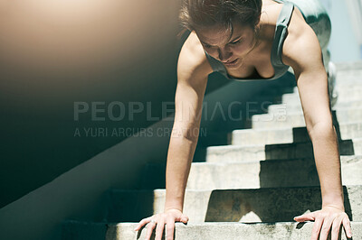 Buy stock photo Stairs, fitness and woman doing a pushup as exercise, workout and wellness outdoors for muscle strength on steps. Active, strong and female athlete training outside to be fit and healthy for wellness