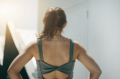 Buy stock photo Fitness, back and rear view of woman outdoors for training, exercise or morning cardio preparation. Sport, workout and behind athletic girl getting ready for running, marathon and sports routine