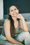 Woman, portrait and happy for urban exercise, sports training and healthy glow of city workout. Female athlete smile for outdoor fitness with motivation, confidence and happiness of pride in wellness