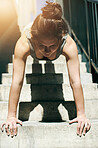 Plank, arm fitness and woman on stairs doing arm exercise, workout and gym routine for strength. Female, lens flare and person with training, wellness and health for strong arms and sport exercising