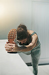 Woman reaching feet for fitness, training outdoor and wellness performance on mockup. Focused female athlete stretching legs for sports workout, muscle mobility or flexible exercise of healthy runner