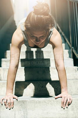 Buy stock photo Plank, fitness focus and woman on stairs doing exercise, workout and routine for strength. Female, lens flare and person with sports training, wellness and health for strong arms and sport exercising
