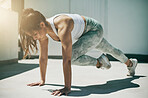 Exercise, woman and mountain climber workout for fitness in city, town and urban ground of training, action or energy. Young female athlete on floor outdoor for bodyweight challenge, balance or power