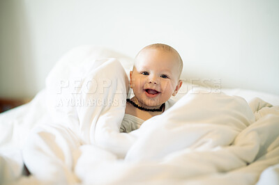 Buy stock photo Portrait, kids and blanket with a baby in a bedroom, sitting on a bed in his home for child development. Children, babies and youth with an adorable newborn infant boy in a house for growth or care