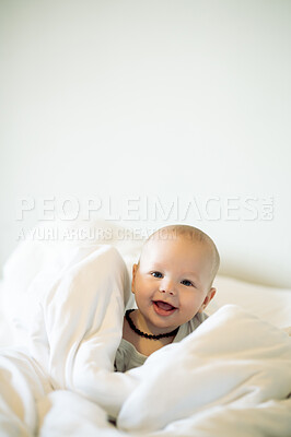 Buy stock photo Portrait, kids and mockup with a baby in a bedroom, sitting on a bed in his home for child development. Children, babies and blanket with an adorable newborn infant boy in a house for growth or care