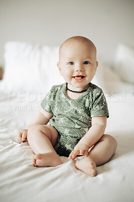 Buy stock photo Portrait, kids and cute with a baby on a bed in a bedroom of a home alone for child development. Children, babies and adorable with a newborn infant in a house in the morning for growth or comfort