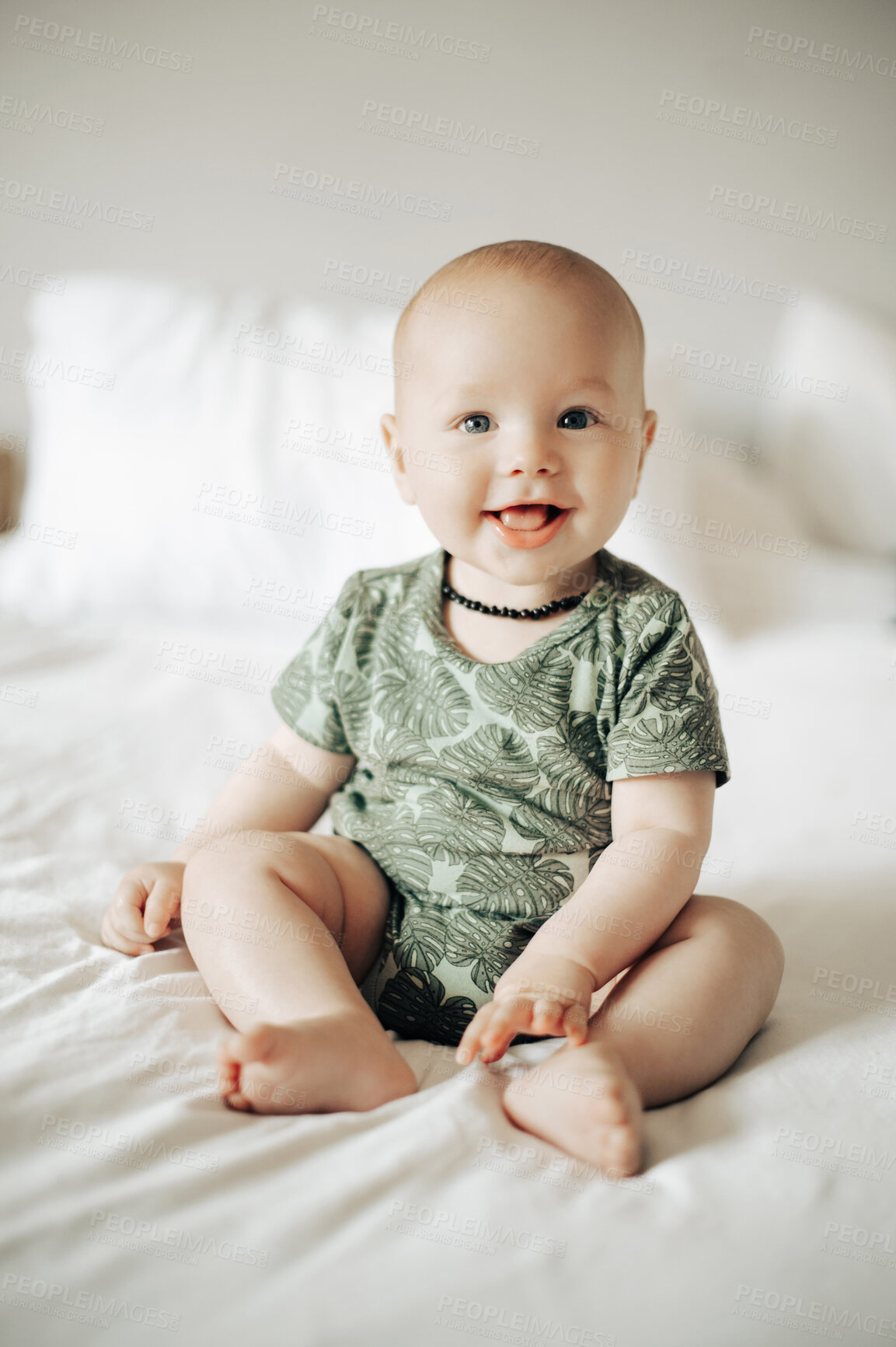 Buy stock photo Portrait, kids and cute with a baby on a bed in a bedroom of a home alone for child development. Children, babies and adorable with a newborn infant in a house in the morning for growth or comfort