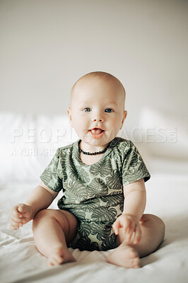 Buy stock photo Portrait, kids and adorable with a baby in a bedroom, sitting on a bed in his home for child development. Children, babies and youth with a cute newborn infant boy in a house for growth or care