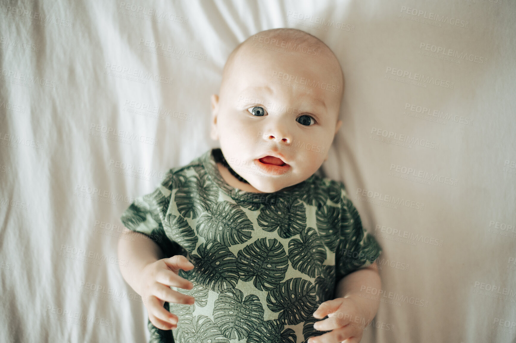 Buy stock photo Portrait, kids and adorable with a baby on a bed in a bedroom of a home alone for child development. Children, babies and cute with a newborn infant in a house in the morning for growth or comfort