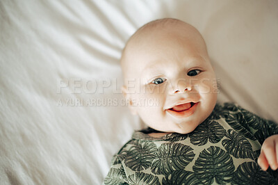 Buy stock photo Portrait, children and adorable with a baby on a bed in a bedroom of a home alone for child development. Kids, babies and cute with a newborn infant in a house in the morning for growth or comfort