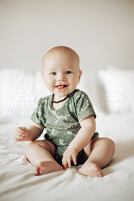 Buy stock photo Portrait, kids and happy with a baby in a bedroom, sitting on a bed in his home for child development. Children, babies and youth with an adorable newborn infant boy in a house for growth or care
