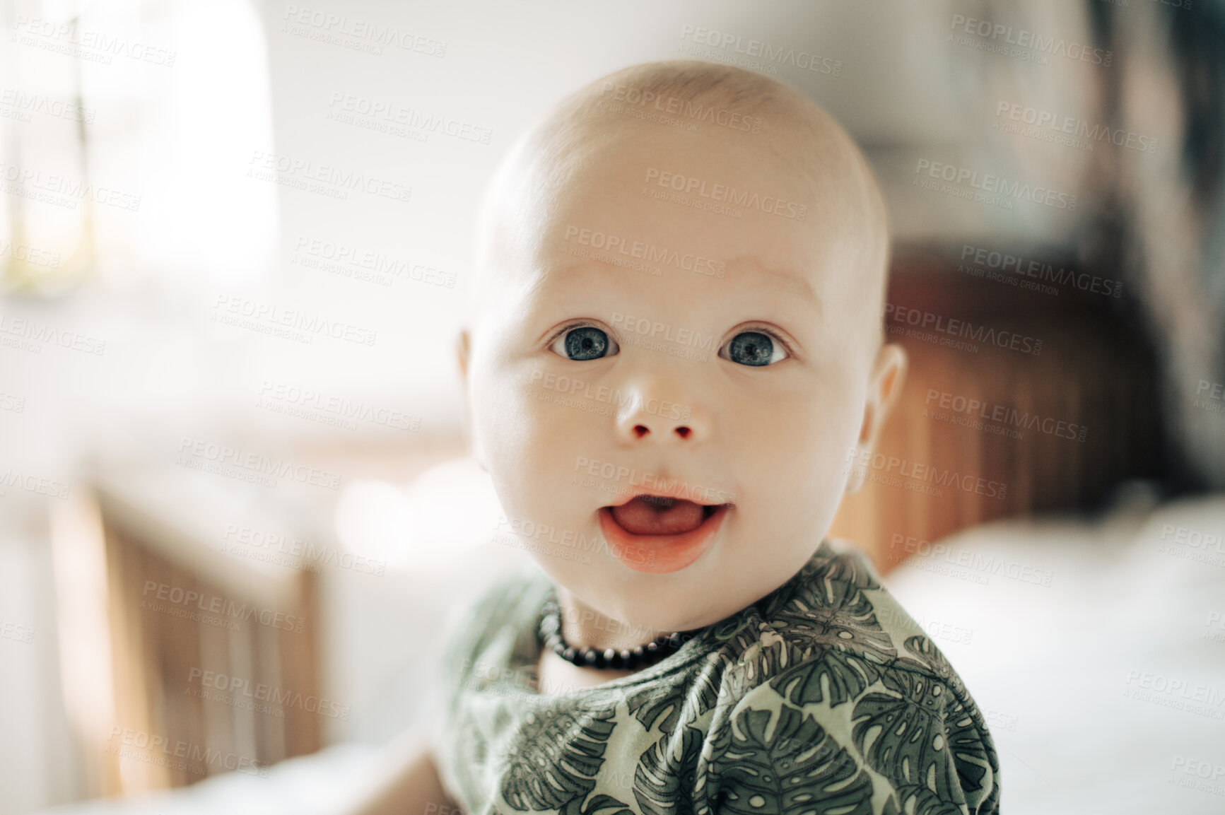 Buy stock photo Portrait, kids and face with a baby in a bedroom, sitting on a bed in his home for child development. Children, babies and youth with an adorable newborn infant boy in a house for growth or care