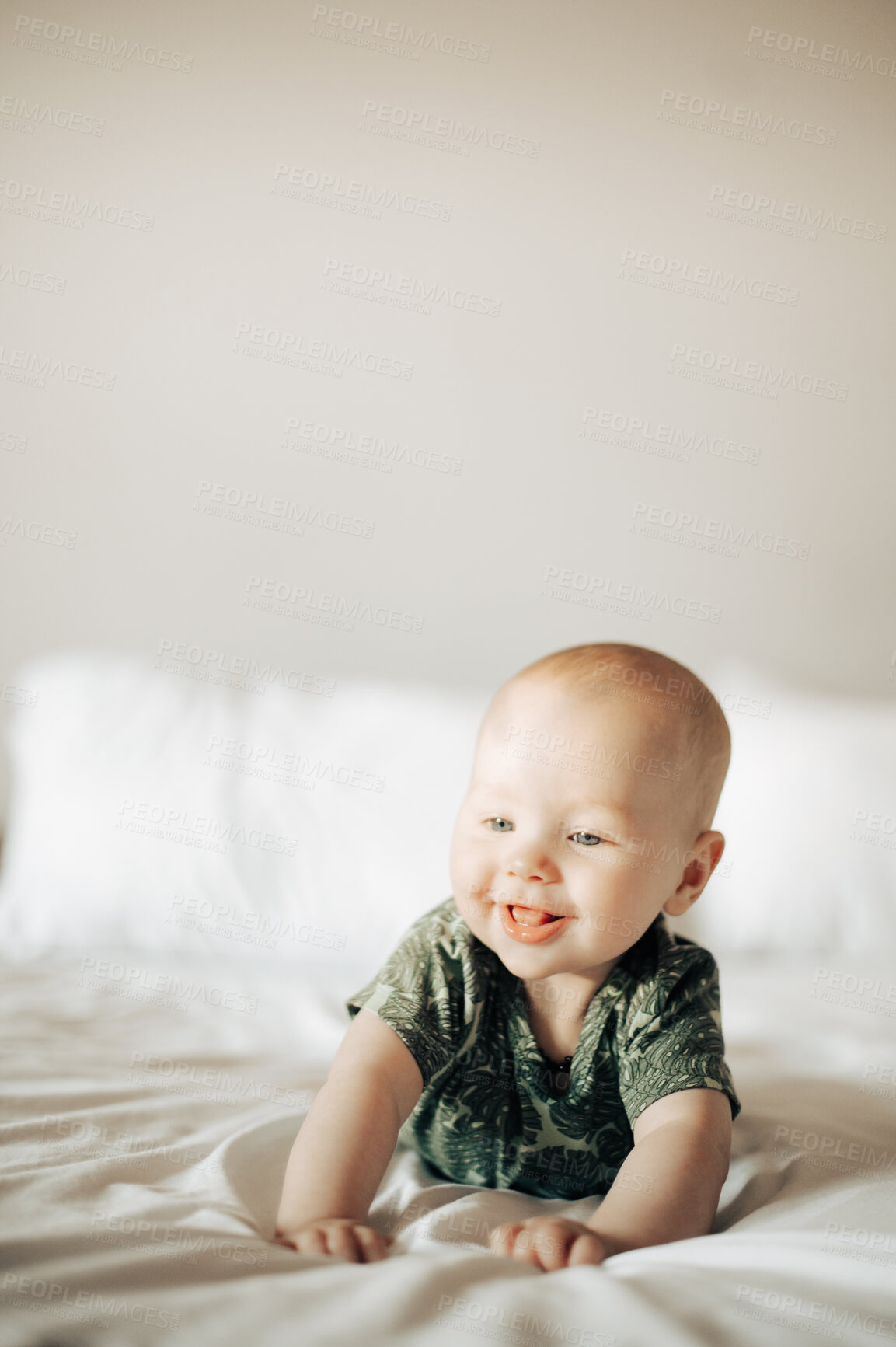 Buy stock photo Happy, smile and cute with baby on bed and playing for innocence, nursery and child development. Happiness, growth and laughing with newborn boy crawling in bedroom at home for relax, youth and funny