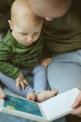 Buy stock photo Family, dad with baby and reading book with storytelling, learning and development with early childhood and love. Man, child and story, bonding and care, relationship and learn language with words