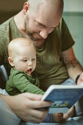 Buy stock photo Family, father with baby and reading book with learning storytelling and development with early childhood and growth. Man, kid and story, bonding and love with care, learn language with words