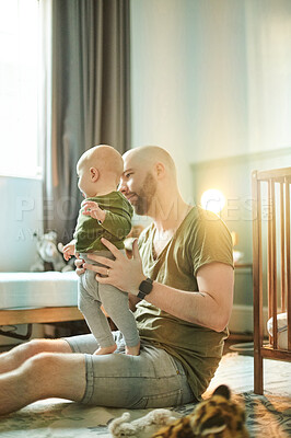 Buy stock photo Relax, happy and love with father and baby for bonding, affectionate and quality time. Development, care and comfort with man and newborn child in family home for cute, happiness and innocent