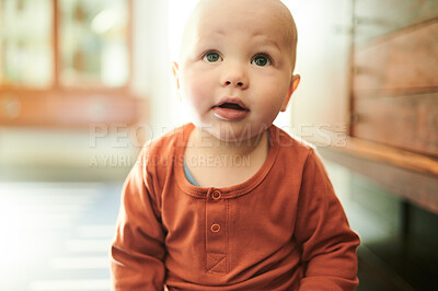 Buy stock photo Looking, innocent and baby on the living room floor for playing, explore and curious in a house. Young, beautiful and a toddler sitting in the lounge for play, relaxation and adorable at home