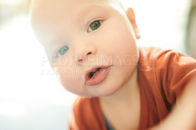 Buy stock photo Baby boy, closeup portrait and home in morning sunshine with learning, development and start life. Young male kid, zoom and infant child face with lens flare in house, apartment or room for wellness