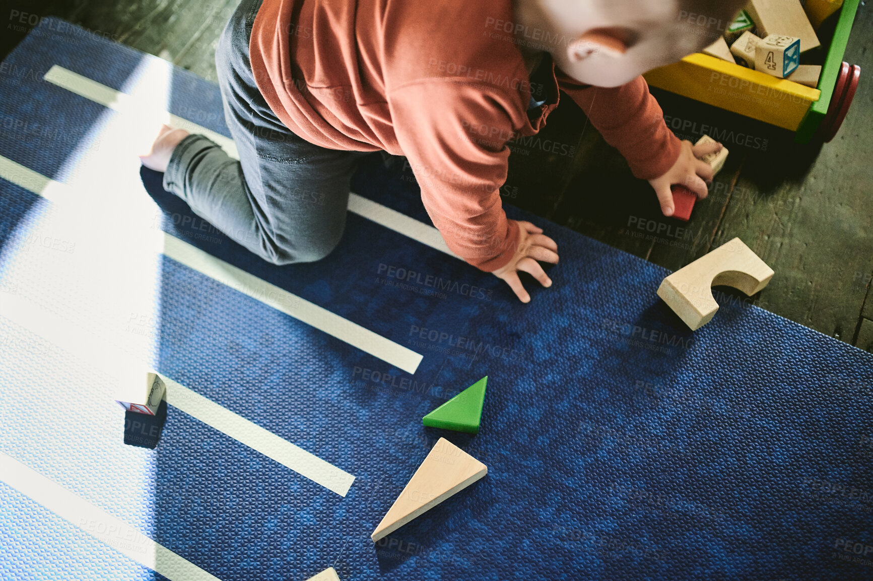 Buy stock photo Learning, top view and kid play with toys, having fun and enjoying childhood in home. Development, growth and infant, child or baby toddler with shapes for playing and education in house on carpet.