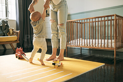 Buy stock photo Love, bond and mother and baby dance in care nursery, having fun and enjoy quality time together at home. Young family child, newborn walking support and learning infant kid dancing with helping mom