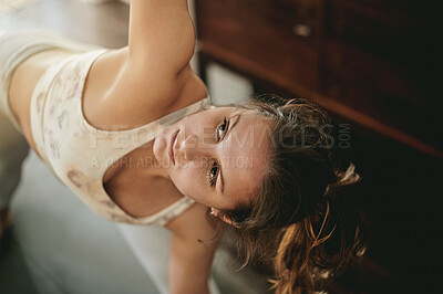 Buy stock photo Yoga fitness, relax and woman doing stretching warm up, pilates challenge or body workout, wellness or self care. Exercise face, health lifestyle girl or female yogi training in apartment living room