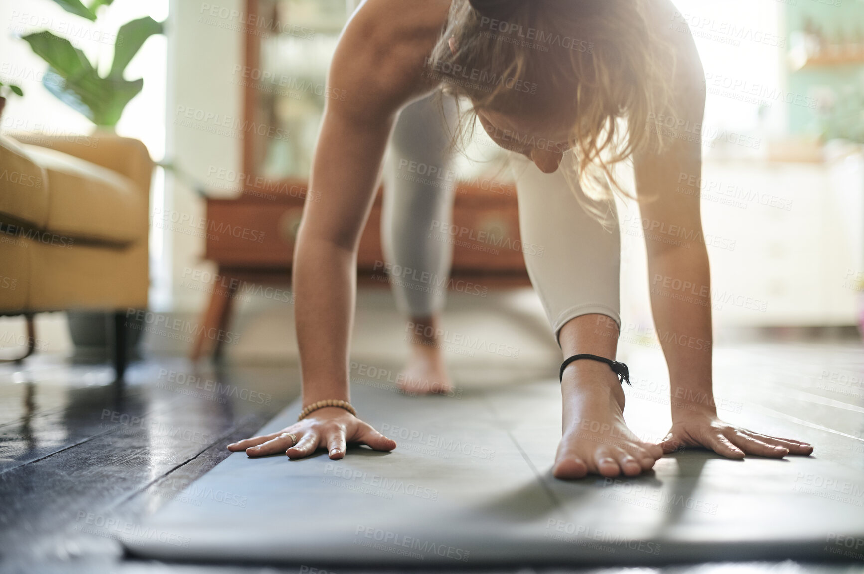 Buy stock photo Yoga floor, woman and home exercise for fitness challenge, pilates or workout for wellbeing, wellness or zen self care. Training yogi, female and health lifestyle person stretching for relax warm up