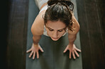 Yoga floor, face and stretching fitness woman doing pilates, challenge or workout for healthcare, calm wellness or training. Top view person, health lifestyle and female yogi relax for body warm up