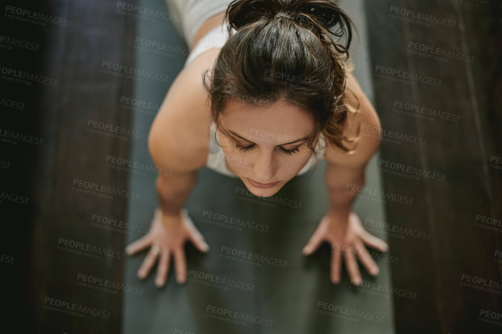 Buy stock photo Yoga floor, top view and stretching fitness woman doing pilates, challenge or workout in upward dog, calm wellness or training. Relax person, female or health yogi in body warm up or zen mindfulness