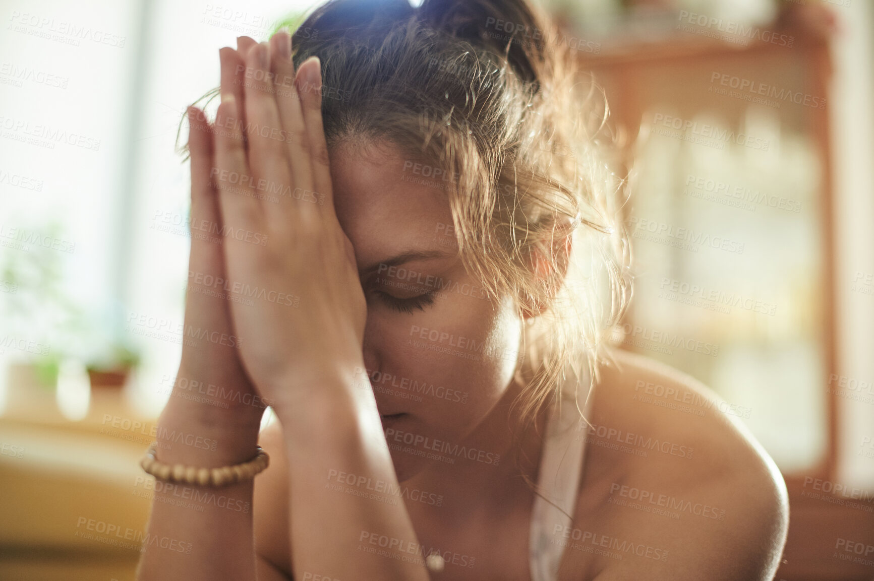 Buy stock photo Faith, worship and praying woman in the morning with hope, gratitude and religious belief. Spiritual, religion and a girl saying a prayer for support, forgiveness and blessings from God at home