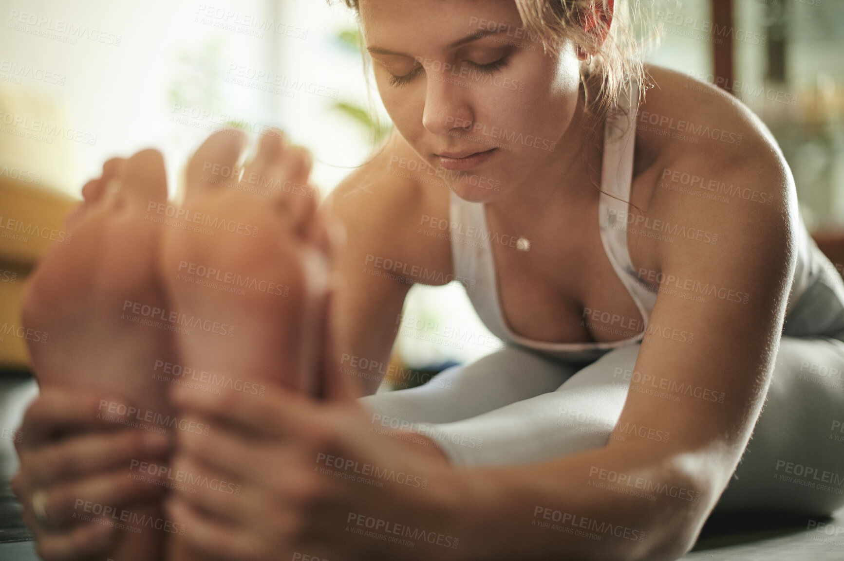 Buy stock photo Meditation, yoga and woman on floor, stretching and relax with workout, balance and practice. Female, athlete or lady breathing, stretch on ground or pilates training for flexibility, rest or warm up