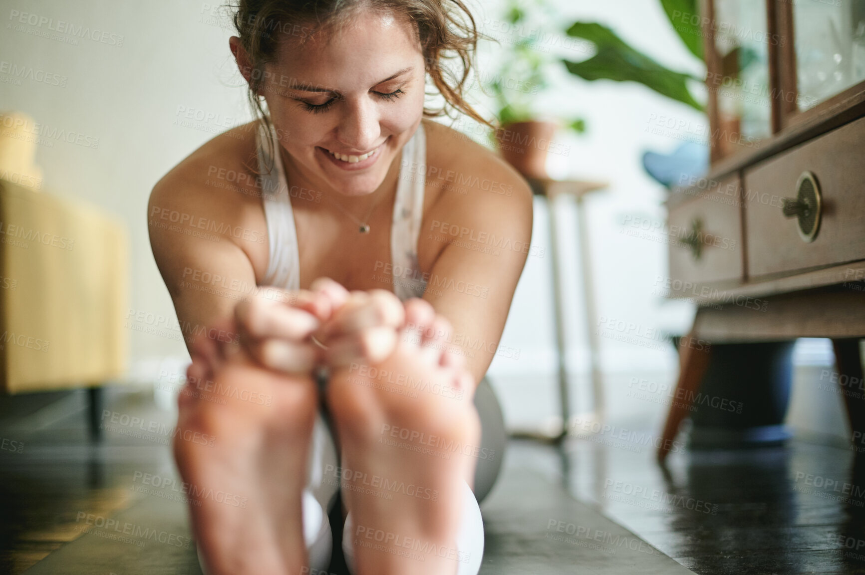 Buy stock photo Fitness, yoga and woman on floor, stretching and exercise for wellness, healthy lifestyle and relax. Female, athlete and lady in living room, pilates training or flexible with happiness or meditation