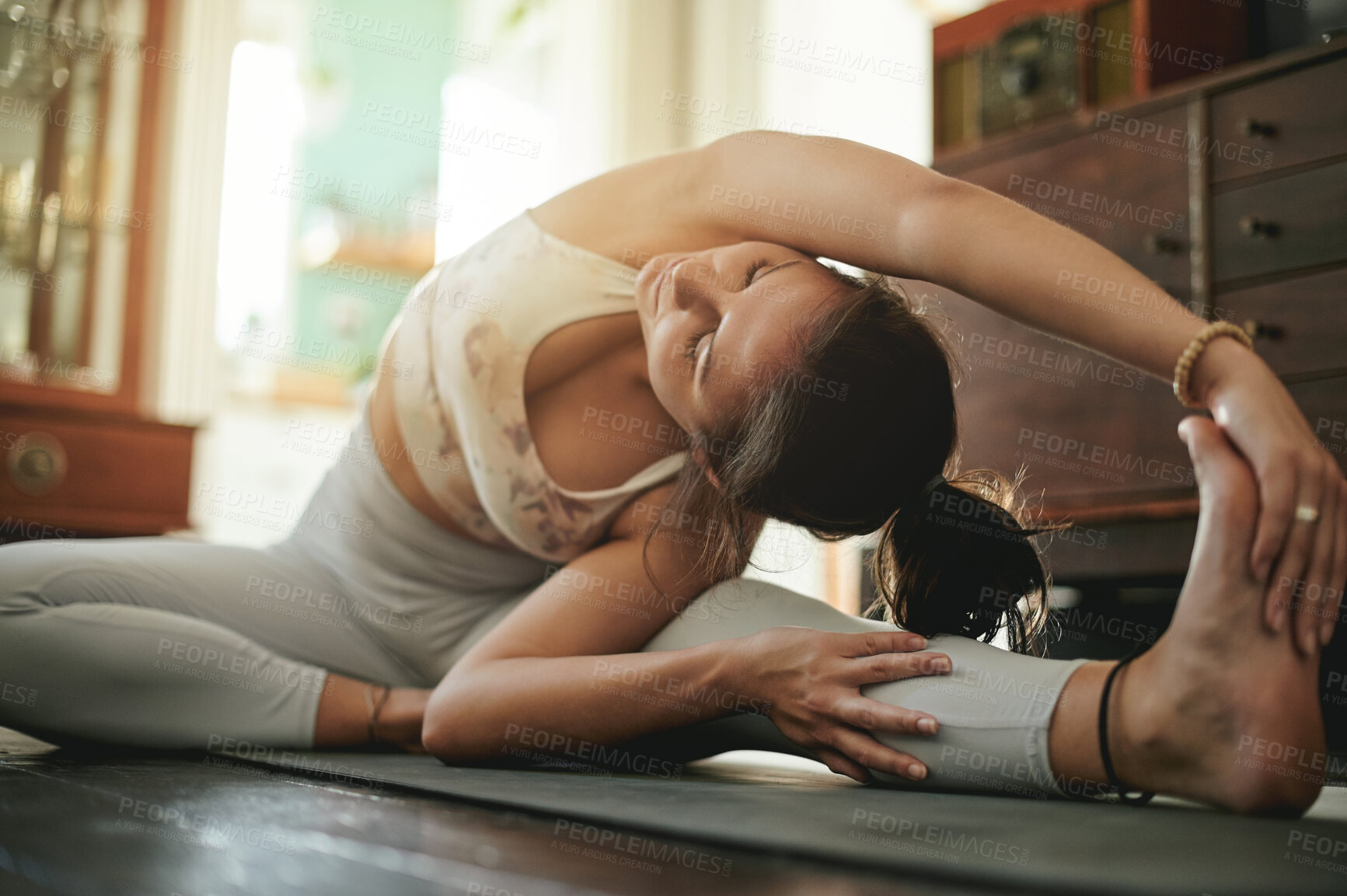 Buy stock photo Yoga stretching, fitness and calm woman start body warm up, pilates or relax workout, wellness routine or exercise. Yogi flexibility, health lifestyle and female person training on lounge floor
