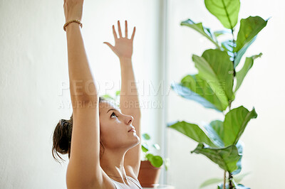 Buy stock photo Yoga, woman and stretching arms in house warm up and living room pilates training. Wellness, fitness and exercise lifestyle of a relax young person in relaxinghome practice for workout and health