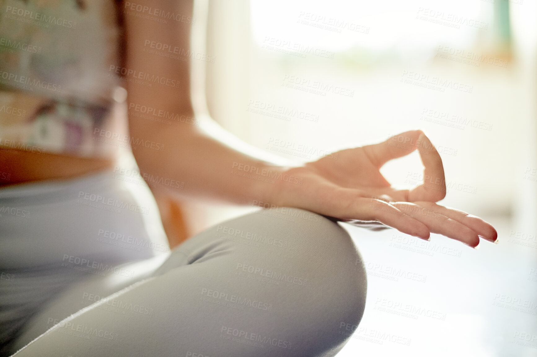 Buy stock photo Yoga meditation, hands and zen woman meditate for spiritual mental health, chakra energy balance or soul aura healing. Pilates closeup, freedom or lotus person relax for mindfulness, mindset or peace