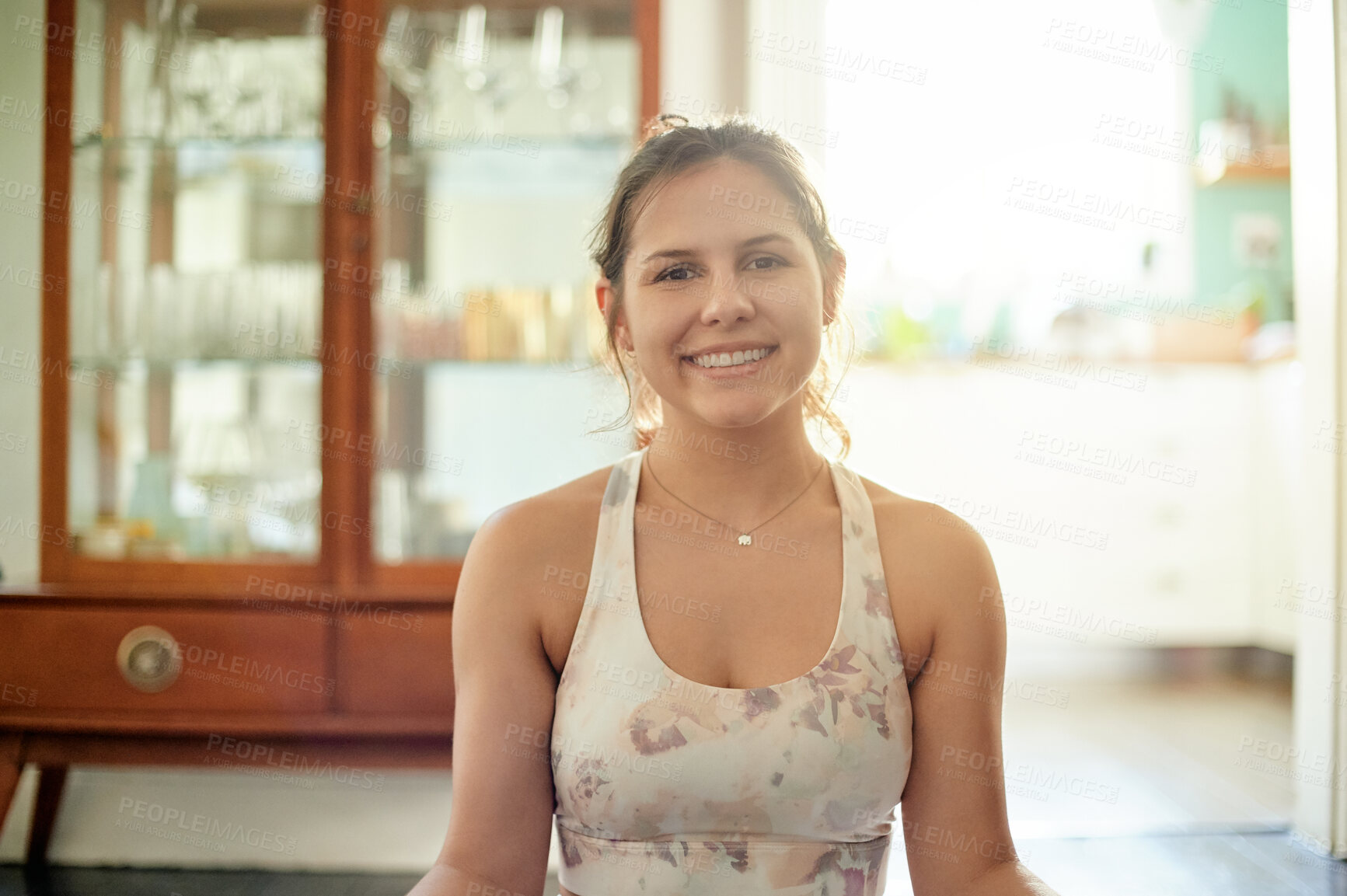 Buy stock photo Yoga, happy portrait and woman at house doing warm up and pilates training for wellbeing. Wellness, fitness and exercise of a relax young person in a home with relaxing smile for workout and health