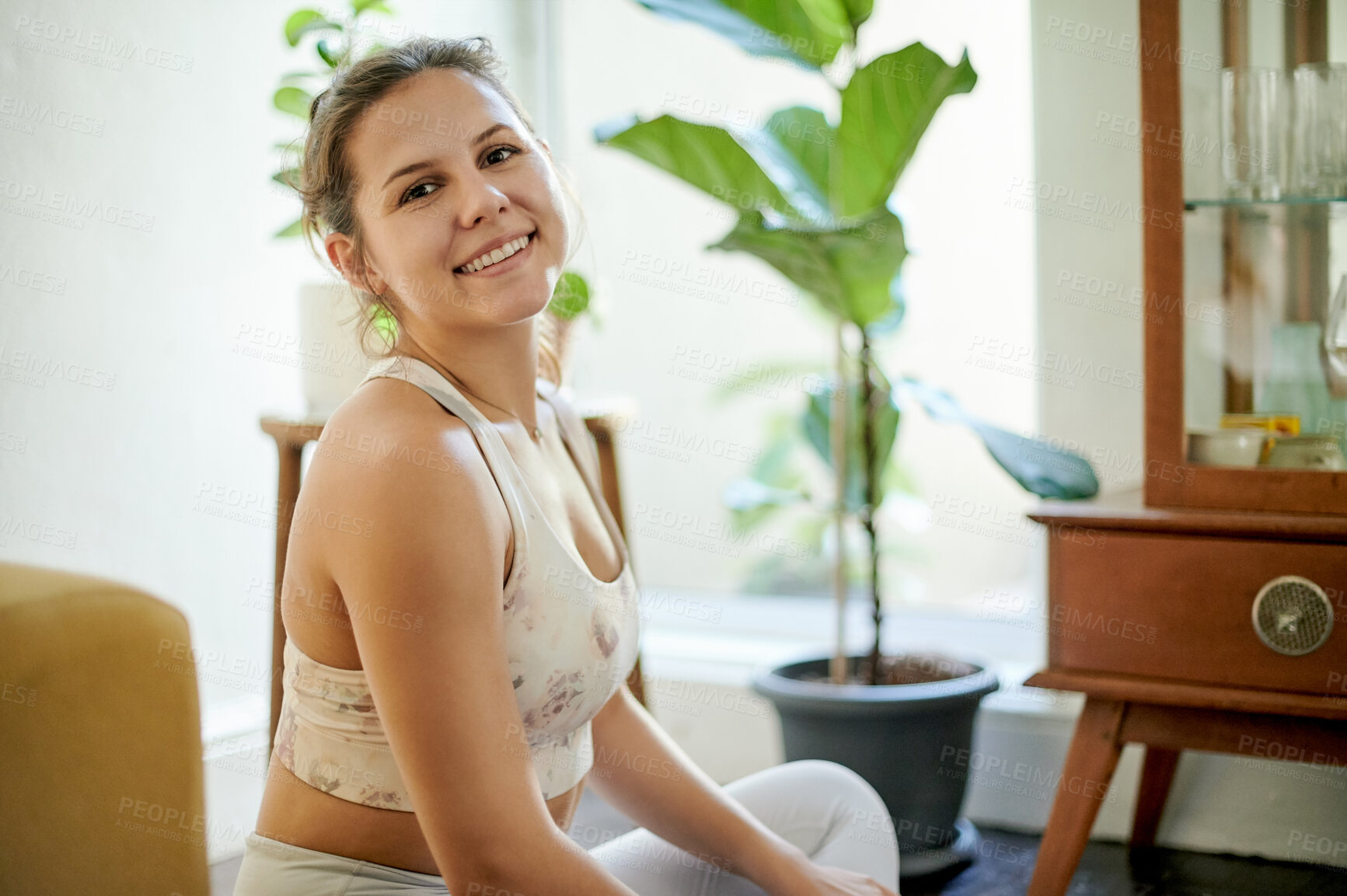 Buy stock photo Yoga, portrait and happy woman at home doing warm up and pilates training with a smile. Wellness, fitness and exercise of a relax young person in house with spiritual practice for workout and health