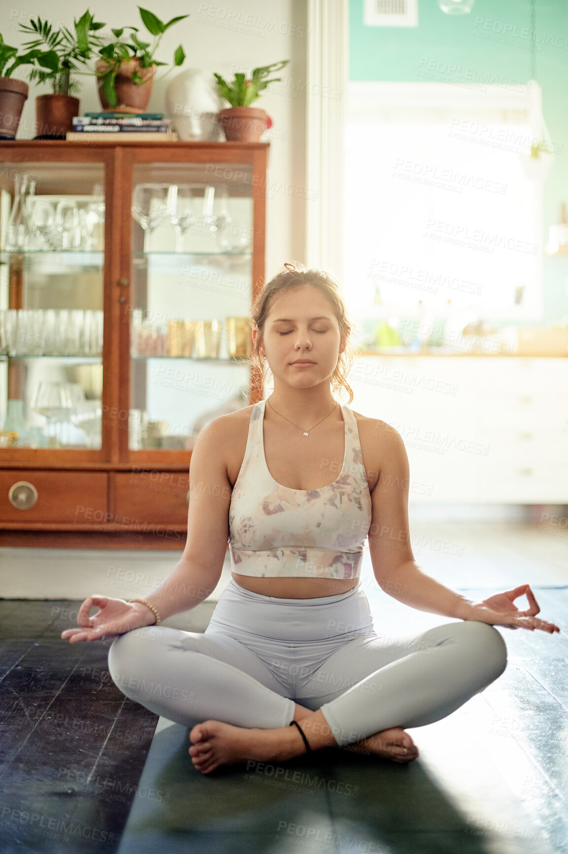 Buy stock photo Yoga meditation, peace and zen woman meditate for spiritual mental health, chakra energy balance or soul aura healing. Home pilates, freedom or lotus person relax for mindfulness, mindset or wellness