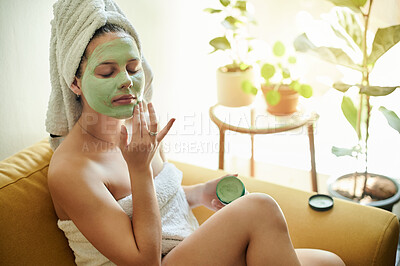 Buy stock photo Face mask, cream application and woman with product for skincare detox, cosmetics hydration or beauty. Cosmetology, spa salon and person with facial self care, healthcare or home wellness treatment
