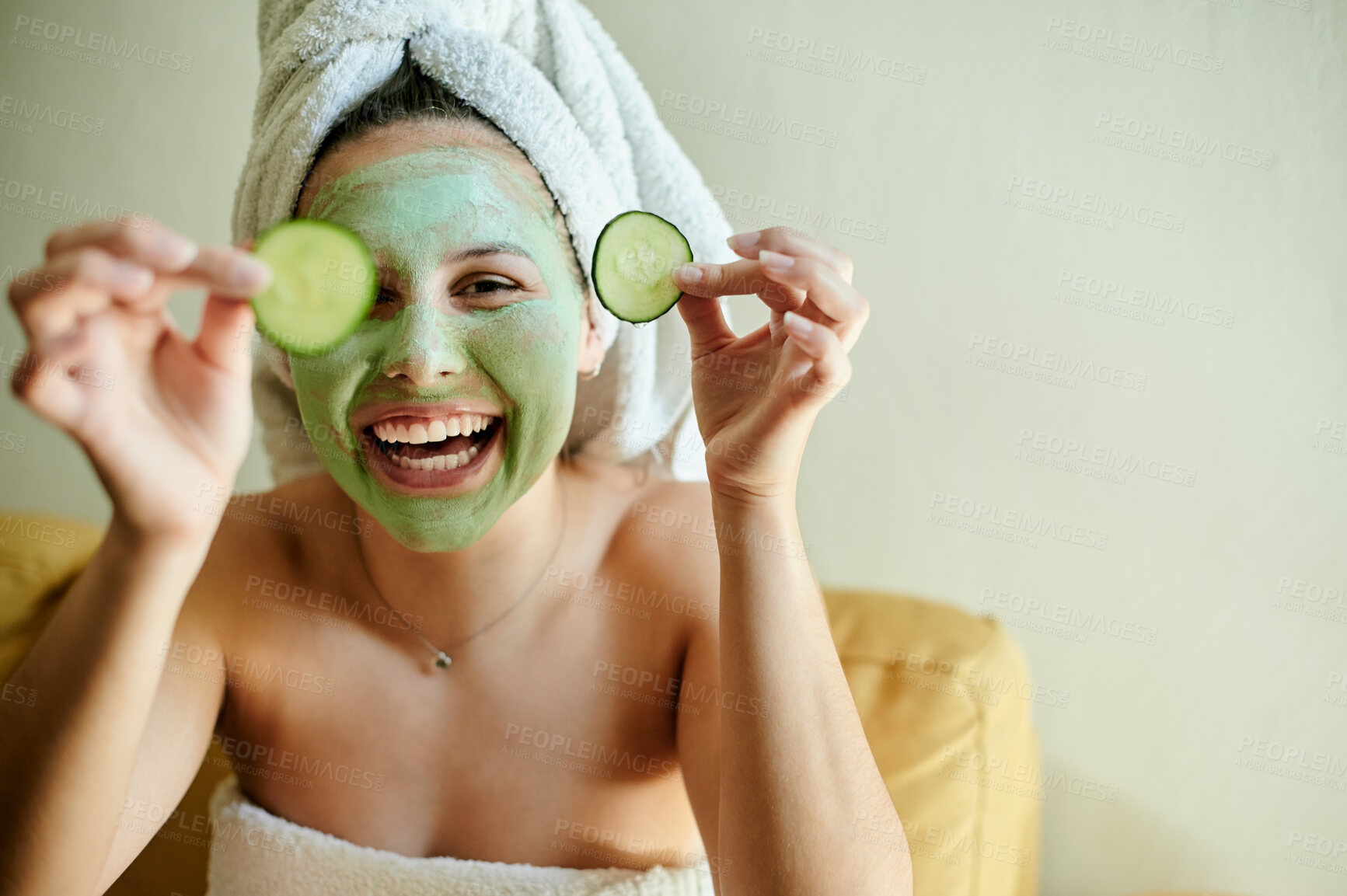 Buy stock photo Portrait, cucumber and woman with skincare, mask and organic facial for dermatology treatment. Face, female and lady with natural cosmetics, happiness and grooming for luxury spa session and laugh