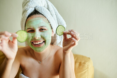 Buy stock photo Facial portrait, happy woman and cucumber treatment for vitamin c, wellness and natural beauty relaxing at home Face, mask and skincare of female using healthy vegetable for a detox dermatology 