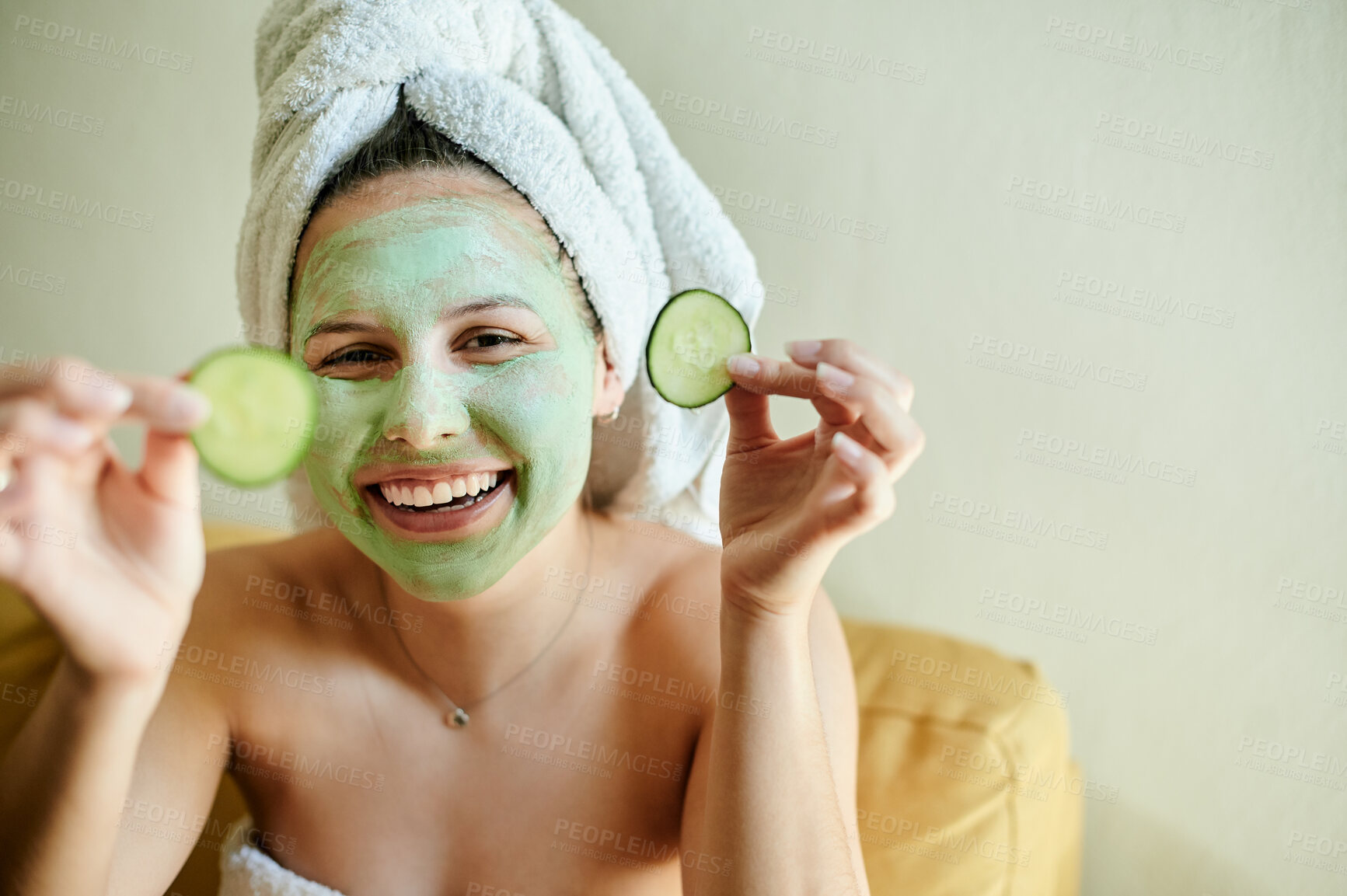 Buy stock photo Facial portrait, happy woman and cucumber treatment for vitamin c, wellness and natural beauty relaxing at home Face, mask and skincare of female using healthy vegetable for a detox dermatology 