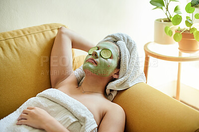 Buy stock photo Home spa, relax and woman with a facial for skincare, peace and sleep on the sofa. Wellness, beauty and a girl with a face mask for a glow, grooming and exfoliation while sleeping on the couch