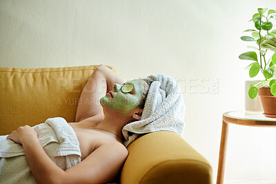 Buy stock photo Home spa, sleeping and woman with a facial for skincare, peace and treatment on the sofa. Sleep, beauty and a girl with a face mask for a glow, grooming and exfoliation while relaxing on the couch