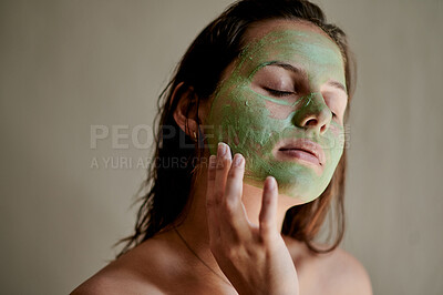 Buy stock photo Face, beauty and woman using cosmetic product facial treatment, skincare and self care in her home or house. Detox, mask and female cleaning her skin for morning routine, relax and eyes closed
