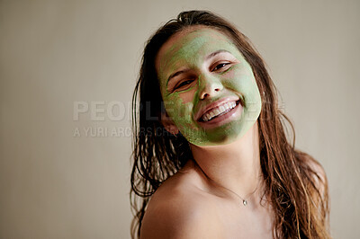 Buy stock photo Face mask cream, portrait and happy woman for skincare detox, cosmetics hydration or studio beauty. Dermatology, spa and person with facial or healthy wellness routine on mockup wall background